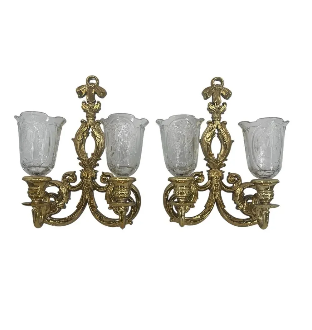 Vintage Homco Double Candle Sconces Pair Gold Hollywood Regency Angel Shades